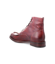 The Blimey by Bed|Stü—a full-grain leather ankle boot in brown with laces, handcrafted in Italy—is pictured from the back against a white background.
