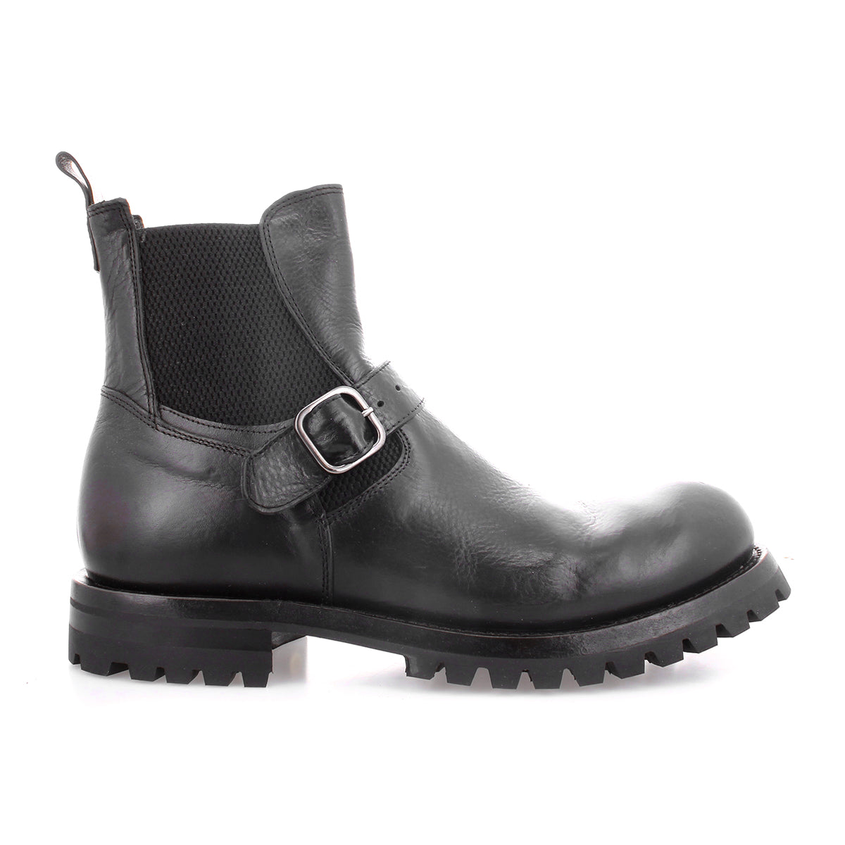 The Boast ankle boot by Bed|Stü is crafted from black full-grain leather and features a side buckle, an elastic panel, a pull tab, and a thick treaded sole. It is shown in profile view against a white background.