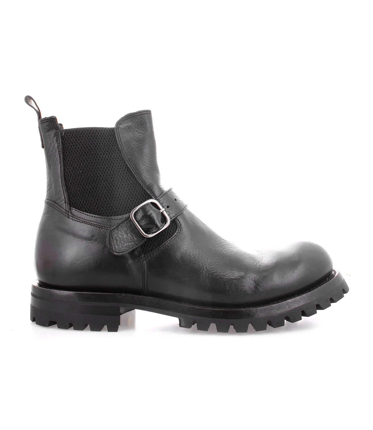 The Boast ankle boot by Bed|Stü is crafted from black full-grain leather and features a side buckle, an elastic panel, a pull tab, and a thick treaded sole. It is shown in profile view against a white background.