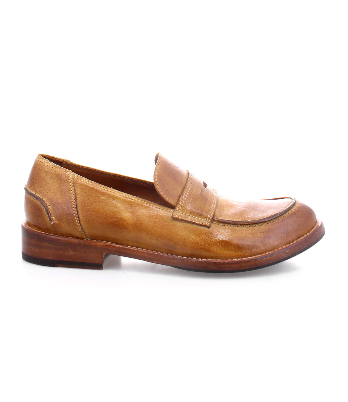 A single Bonus penny loafer by Bed|Stü, crafted from brown Italian leather with a low wooden heel, visible stitching, and a classic penny strap across the upper, is displayed in a side profile against a white background, showcasing timeless style.