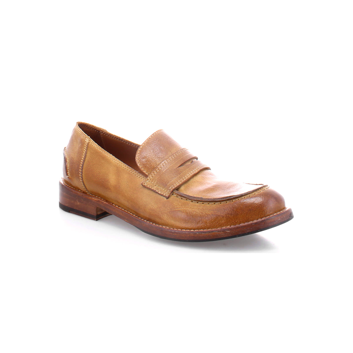 A single tan Italian leather penny loafer, the Bonus by Bed|Stü, features a low heel and intricate stitching detail, epitomizing classic style against a white background.
