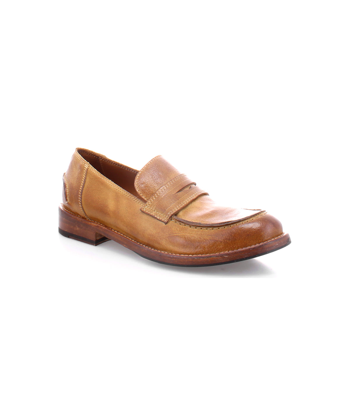 A single tan Italian leather penny loafer, the Bonus by Bed|Stü, features a low heel and intricate stitching detail, epitomizing classic style against a white background.