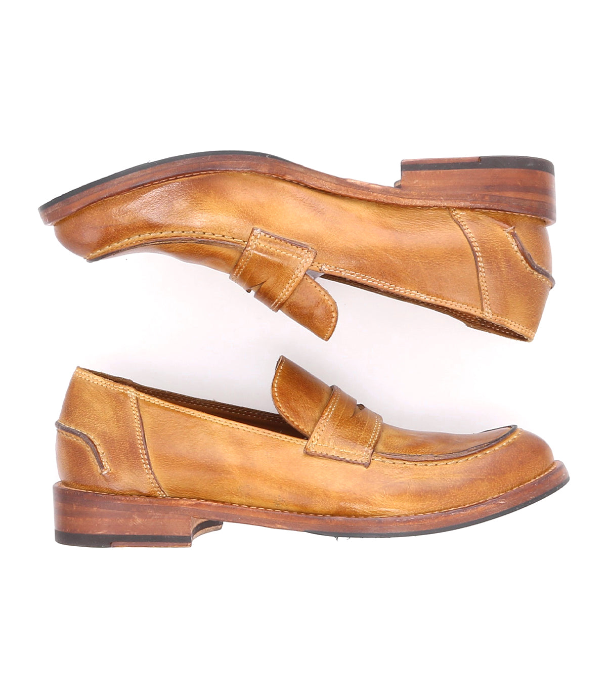 A pair of Bed|Stü Bonus tan Italian leather penny loafers displayed side by side against a white background, exuding classic style with one shoe facing up and the other facing down.