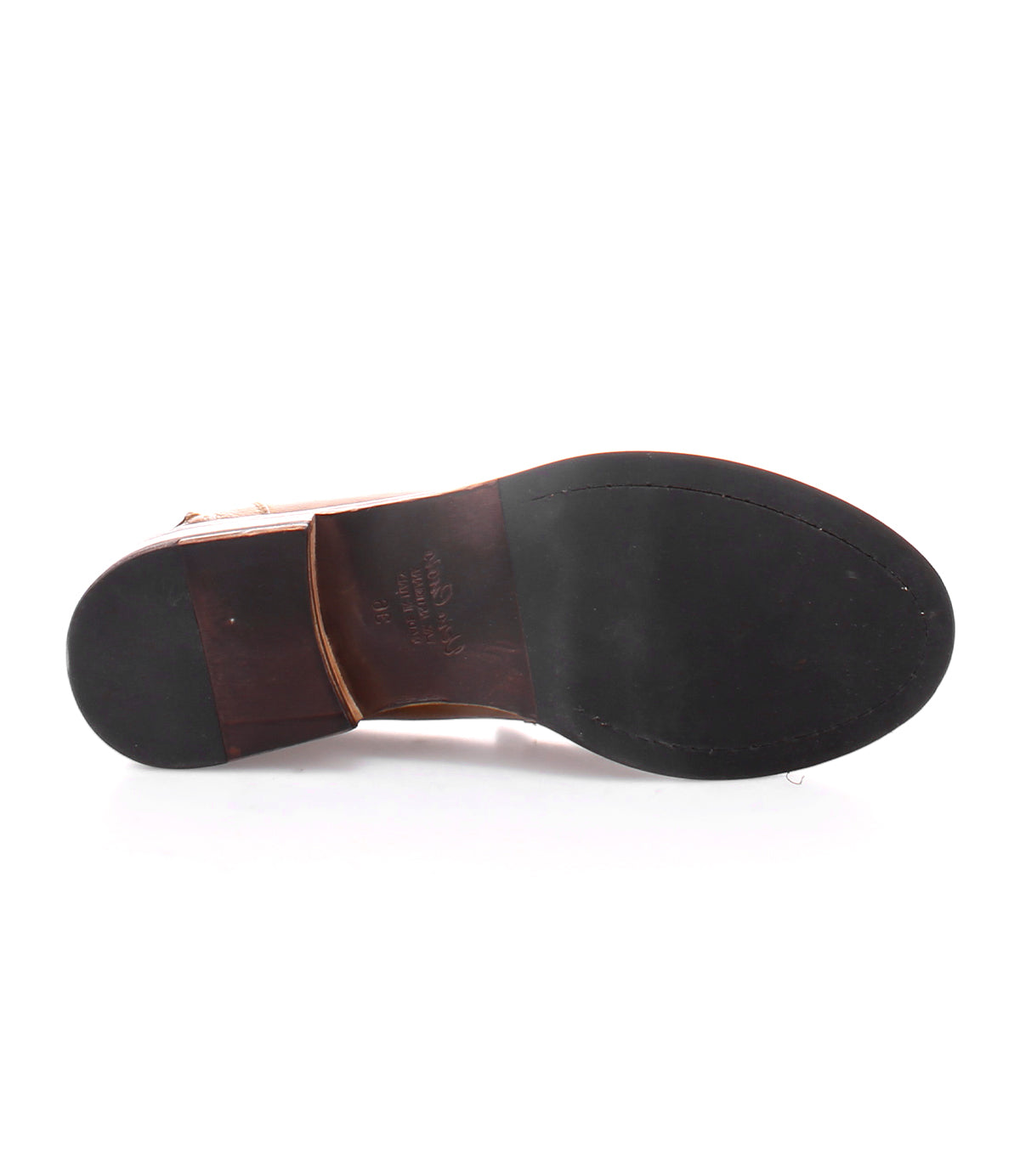 The photo shows the bottom view of a single Bed|Stü Bonus dress shoe featuring a dark rubber sole and a wooden heel, exemplifying the classic style often found in Italian leather penny loafers.
