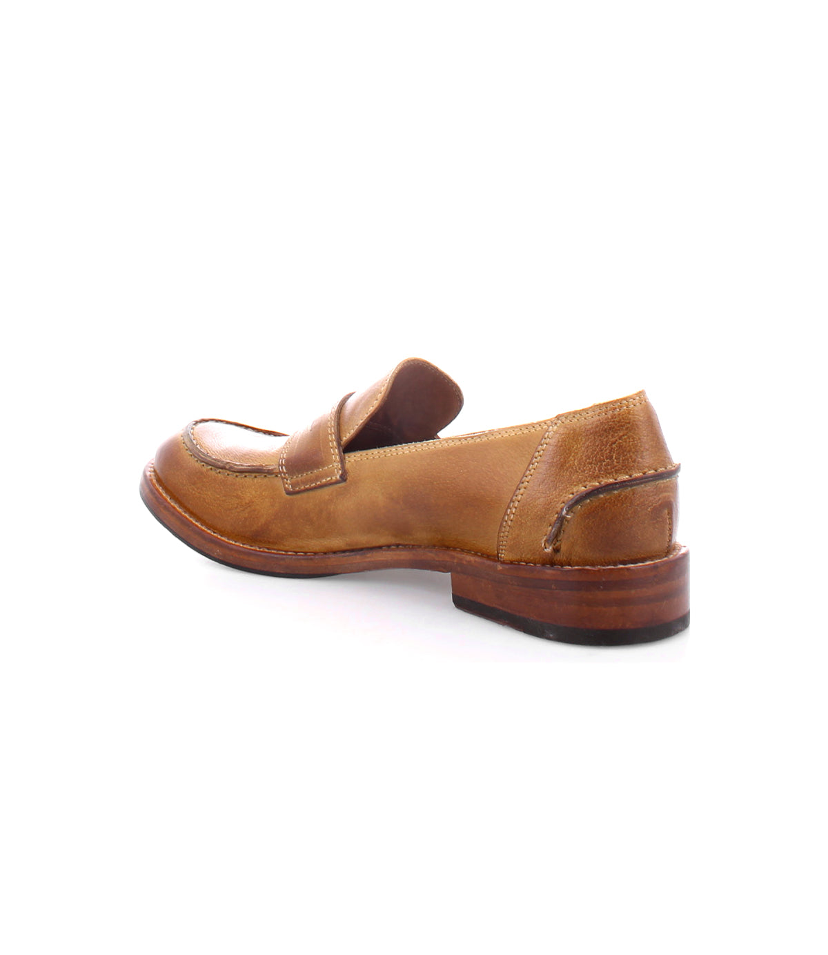 The Bed|Stü Bonus is a tan Italian leather loafer featuring a low heel and visible stitching, displayed from a rear angled side view on a white background for a timeless, classic look.
