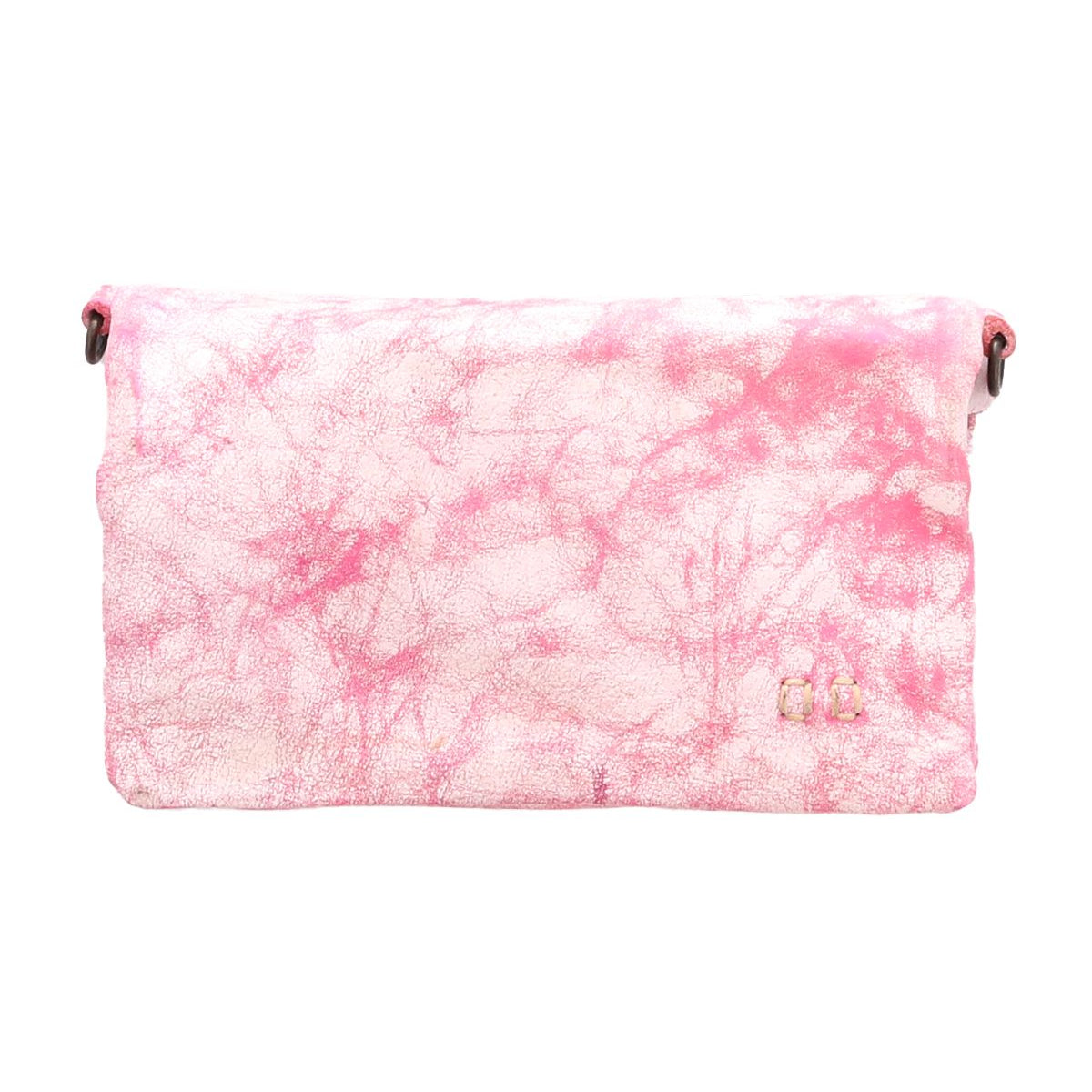 Introducing the Cadence by Bed|Stü—a rectangular crossbody clutch bag in pink and white marbled vegetable-tanned leather, finished with a flap closure and accented by a small metallic logo on the lower right corner.