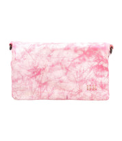 Introducing the Cadence by Bed|Stü—a rectangular crossbody clutch bag in pink and white marbled vegetable-tanned leather, finished with a flap closure and accented by a small metallic logo on the lower right corner.