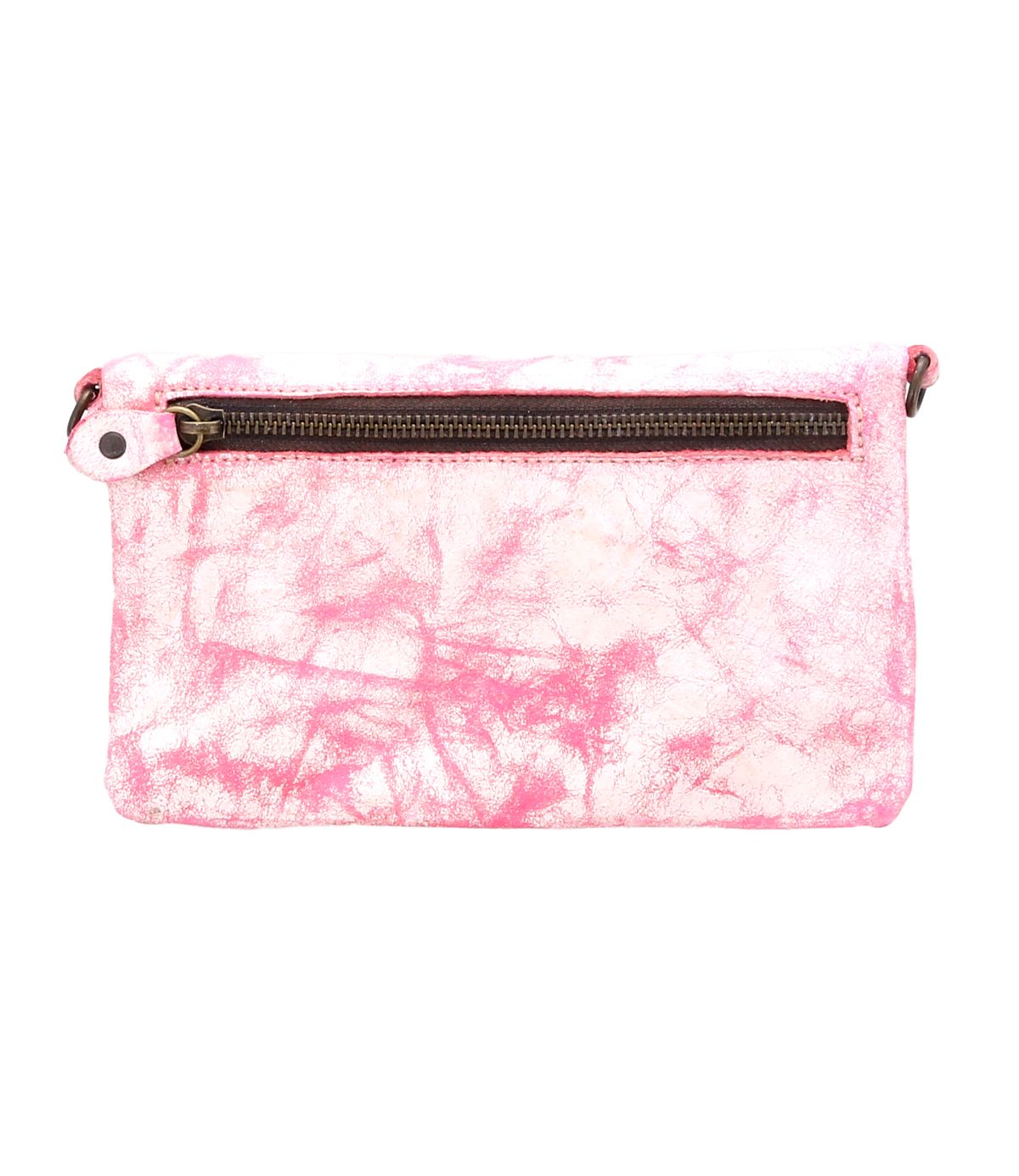 The Cadence crossbody clutch bag by Bed|Stü features a pink and white marbled design, a front zipper pocket, and metal hardware. Expertly crafted from luxurious vegetable-tanned leather, it is photographed against a plain white background.