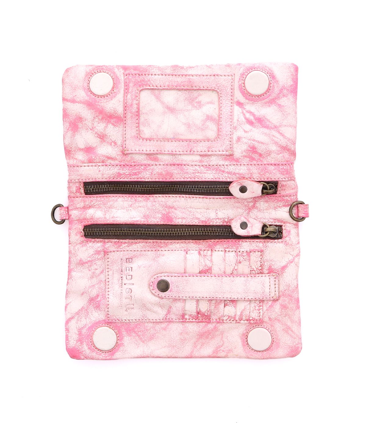 The Bed|Stü Cadence pink marbled 3-in-1 leather wallet, featuring two zippered compartments, card slots, snap buttons, and a clear ID window, is displayed flat on a white background.