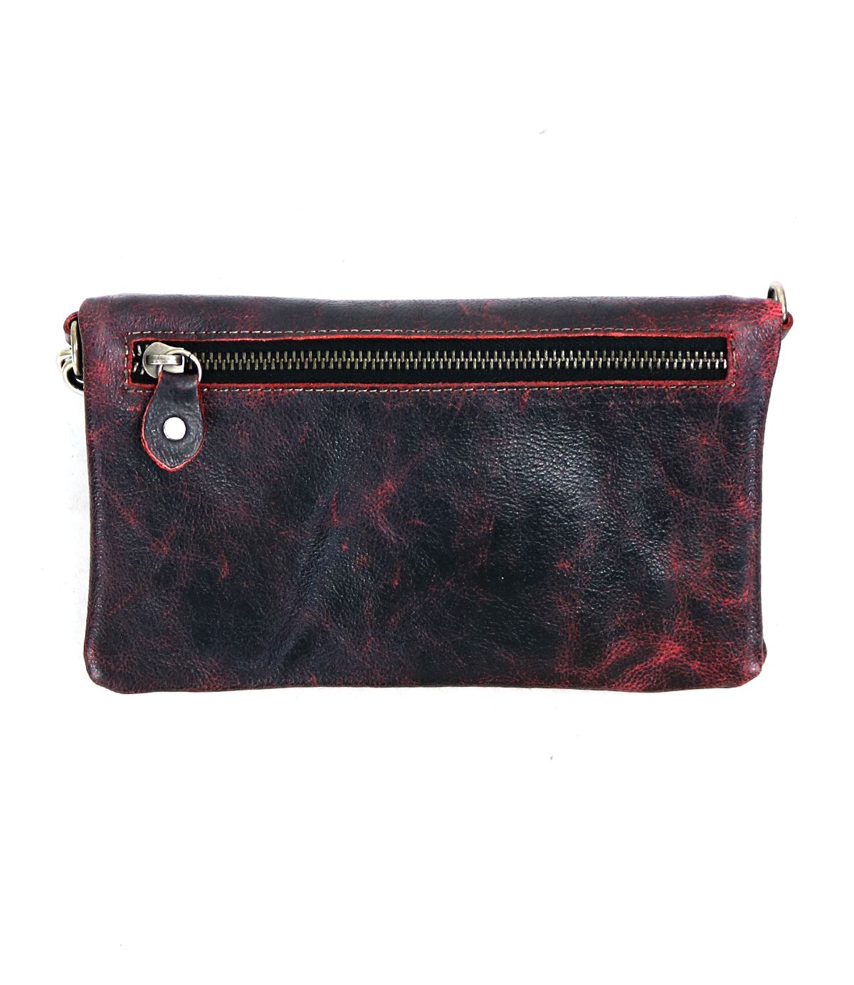 The Cadence by Bed|Stü is a rectangular black leather pouch featuring bold red accents, a visible top zipper, and a small leather pull tab on the left side. Expertly crafted from premium vegetable-tanned leather for lasting durability, this sleek accessory seamlessly transitions into a stylish crossbody clutch for versatile everyday use.