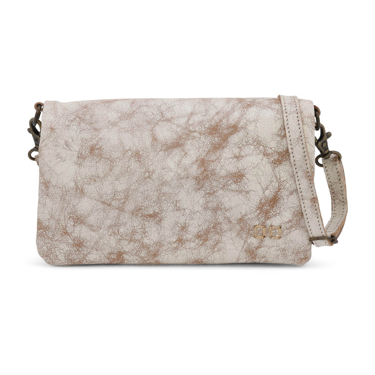 The Cadence crossbody clutch by Bed|Stü features beige and brown textured, premium vegetable-tanned leather, accented with metallic hardware and a short strap, shown against a white background.