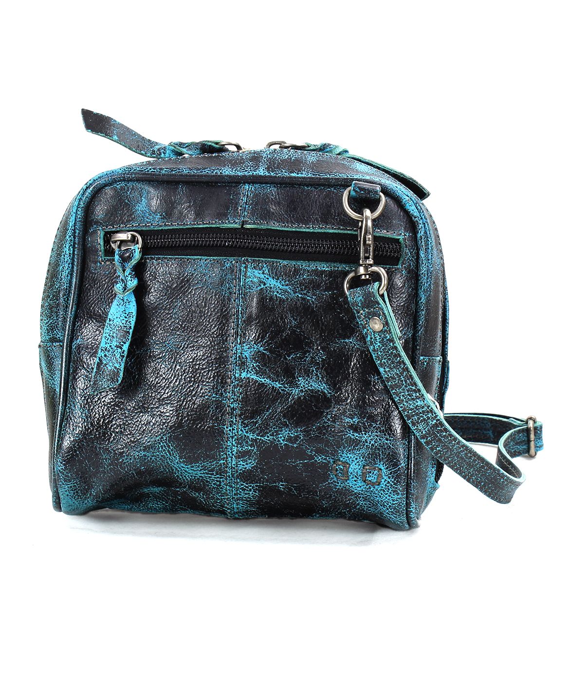 Introducing the Capture by Bed|Stü—a compact, square-shaped black leather crossbody bag featuring a striking blue marbled pattern. Designed with a convenient front zipper pocket and an adjustable shoulder strap, this stylish handbag offers both practicality and flair for everyday use.