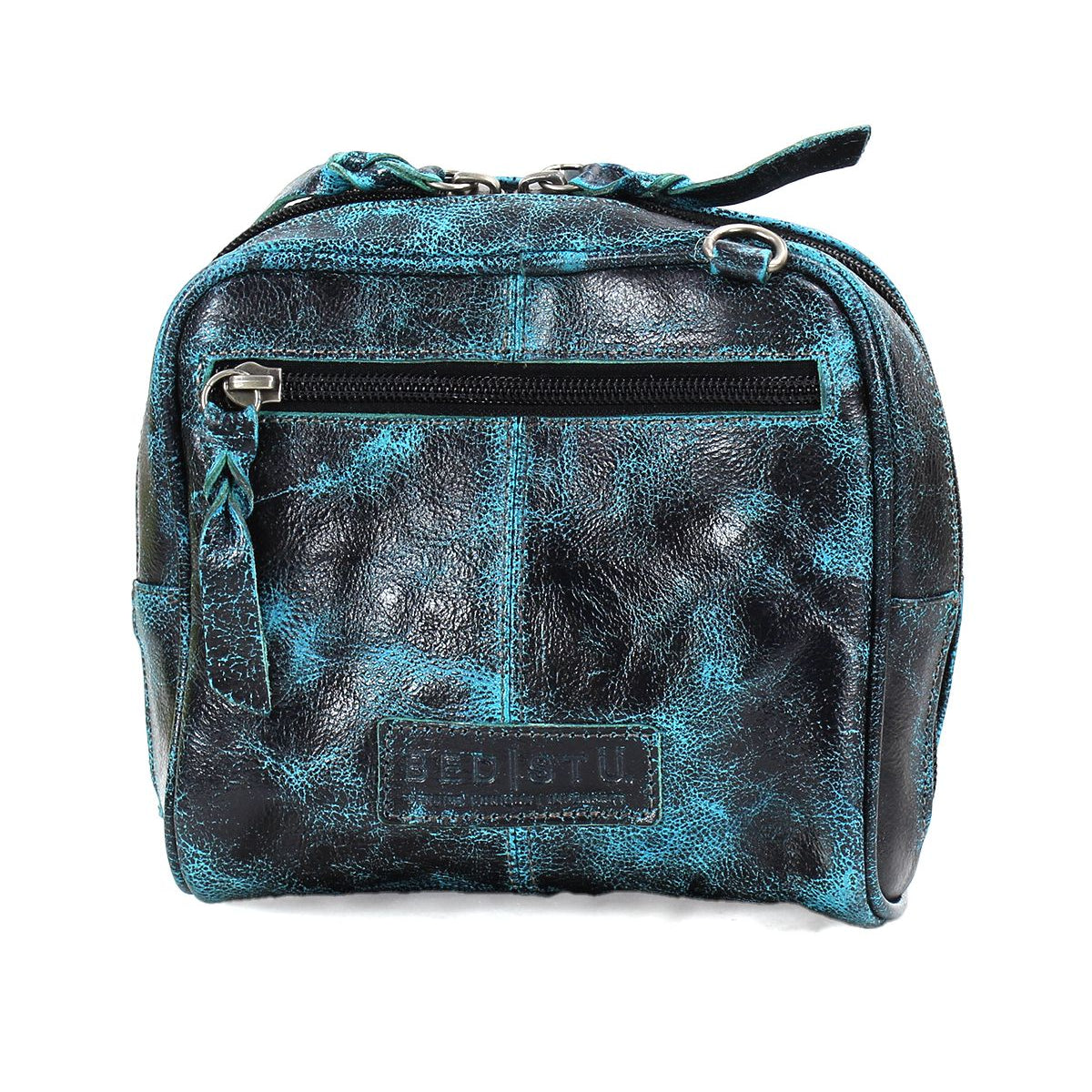 Introducing Capture by Bed|Stü—a compact, square crossbody bag crafted from distressed leather in striking black and teal. This handbag features a front zipper pocket and a stitched Bed|Stü logo patch, blending everyday functionality with standout style.