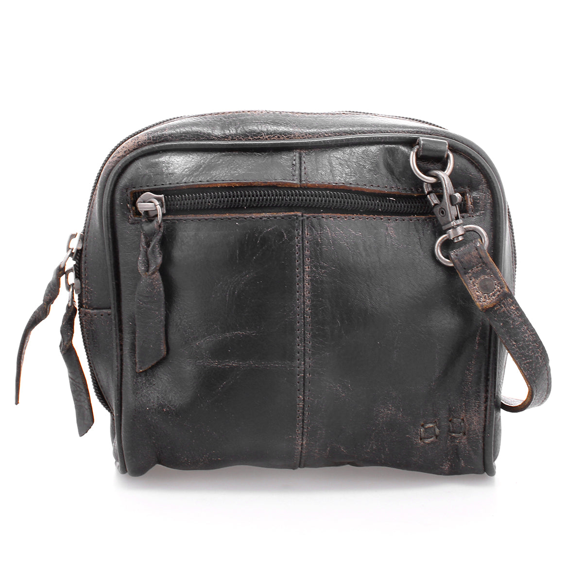 The Bed|Stü Capture is a small, black leather crossbody bag featuring a front zipper pocket, worn edges, and an adjustable strap; this compact handbag is displayed against a white background.
