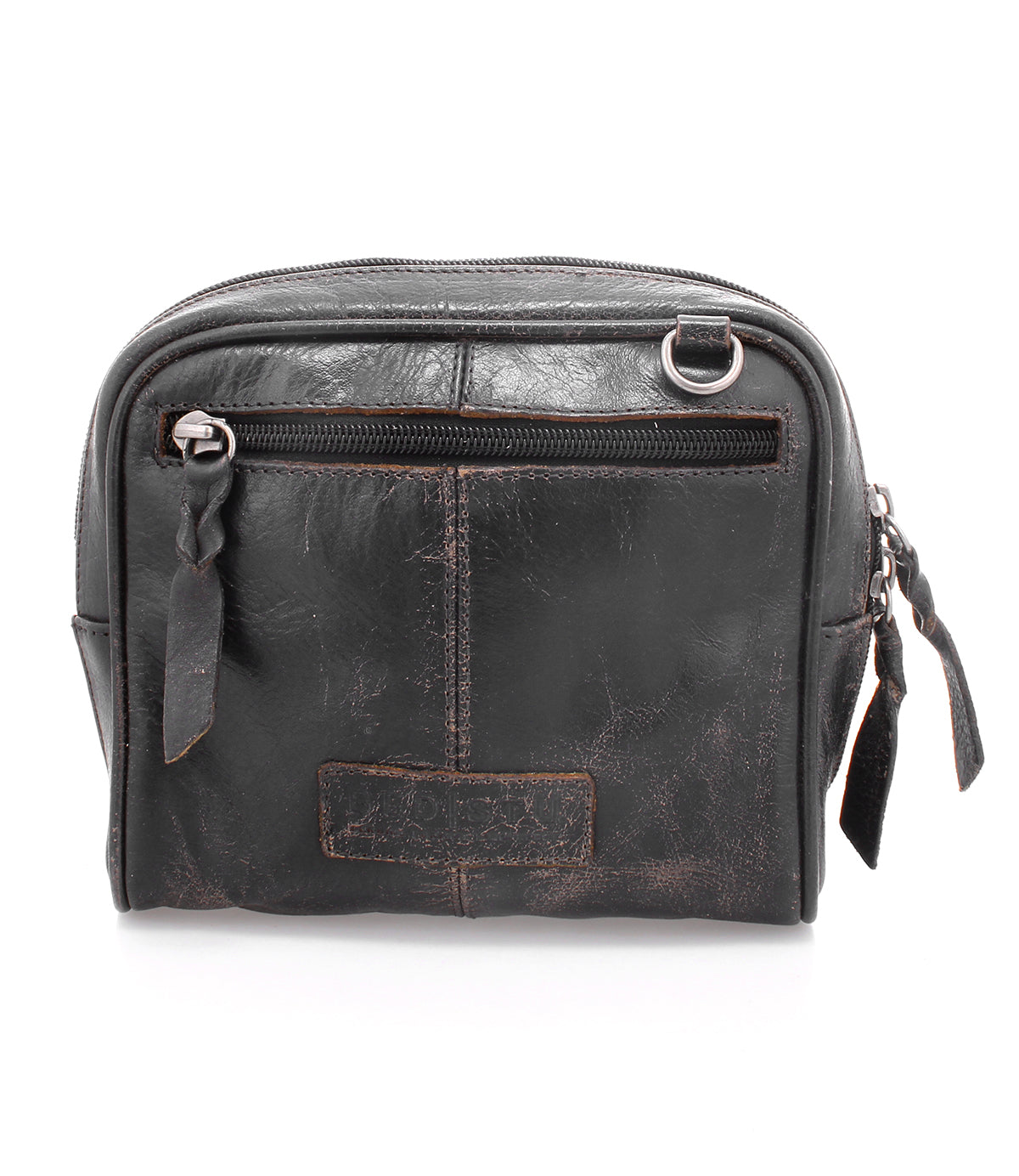 Introducing Capture by Bed|Stü: a compact, black leather crossbody bag featuring a front zipper pocket, distinctive brown stitching, and dual zipper pulls. Set against a white background, this stylish handbag perfectly combines timeless design with everyday functionality.