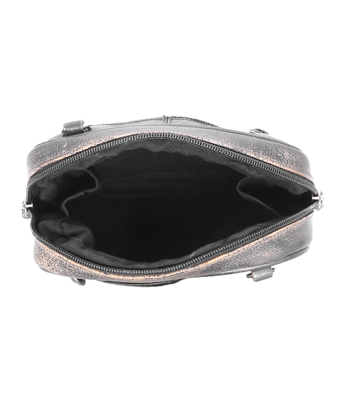 Top view of an open, empty Capture crossbody bag by Bed|Stü, crafted from brown leather with a black fabric lining and a visible zipper. This compact handbag highlights its spacious interior—perfect for stylishly carrying your essentials.