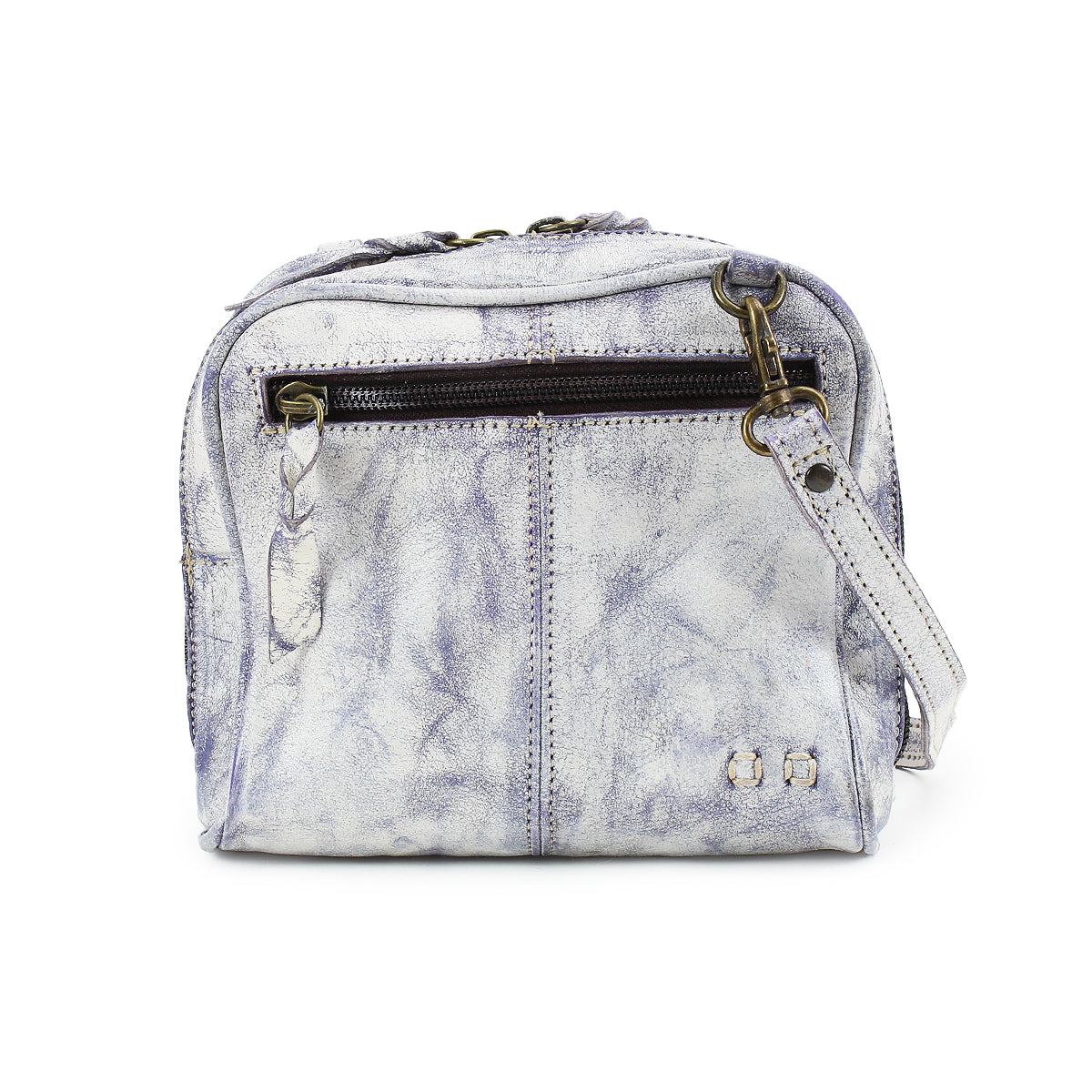 Meet Capture by Bed|Stü—a small, light purple-white textured leather crossbody bag featuring a front zipper pocket, spacious main compartment, and an adjustable shoulder strap. This compact handbag is perfect for carrying your essentials in style.