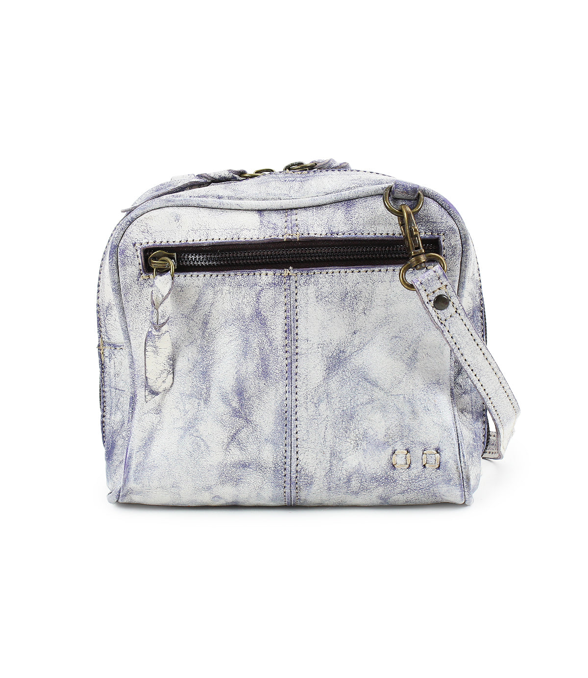 Meet Capture by Bed|Stü—a small, light purple-white textured leather crossbody bag featuring a front zipper pocket, spacious main compartment, and an adjustable shoulder strap. This compact handbag is perfect for carrying your essentials in style.