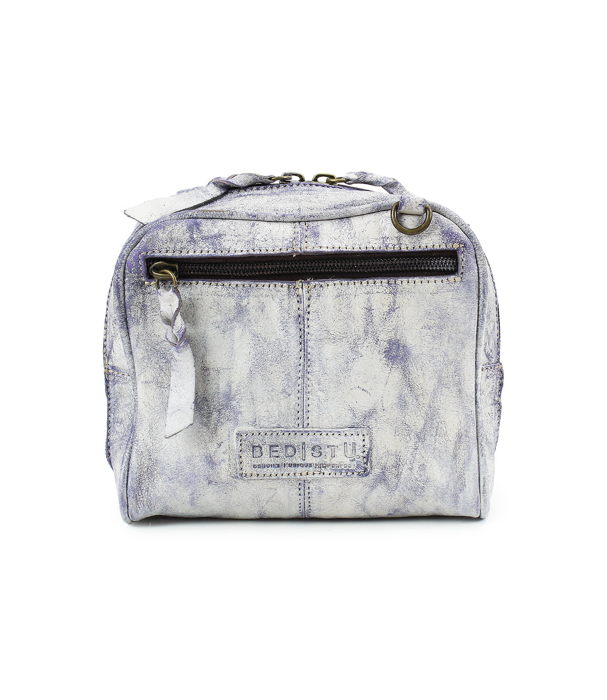 The Bed|Stü Capture is a small, square, handcrafted leather purse in light gray, featuring a compact design with a convenient front zipper pocket, top handle, and a stamped "Bed|Stü" logo on the front.
