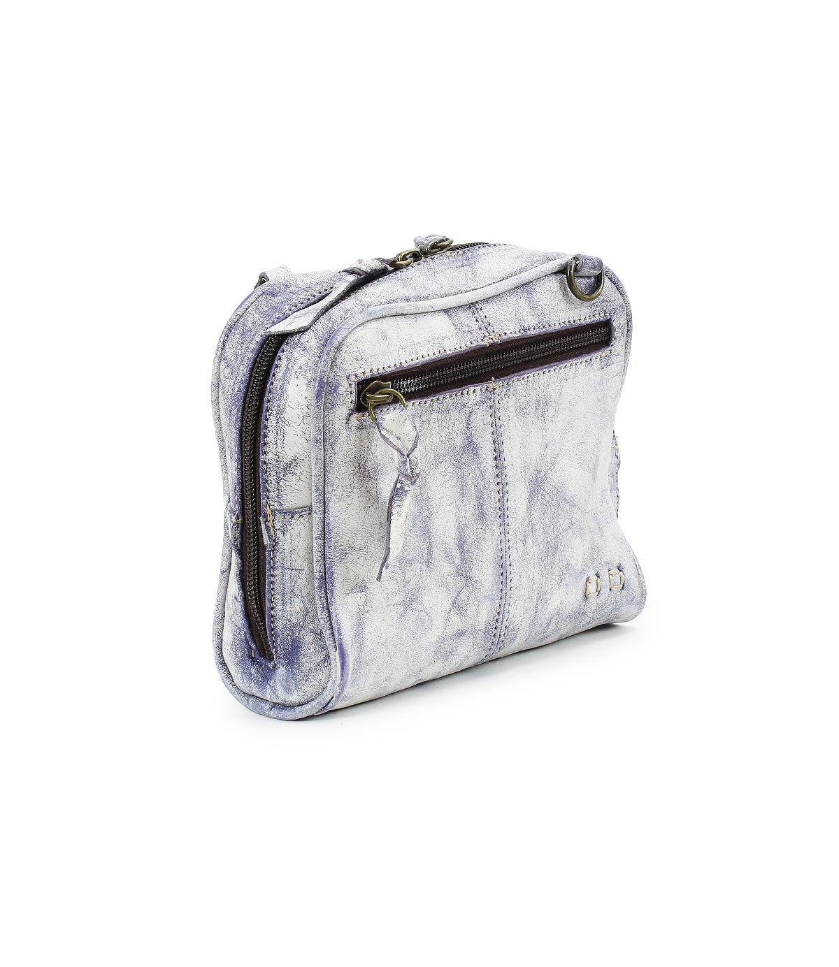 The Bed|Stü Capture is a small, rectangular, light gray leather crossbody bag featuring a front zipper pocket and visible stitching. This compact handbag is displayed against a white background.