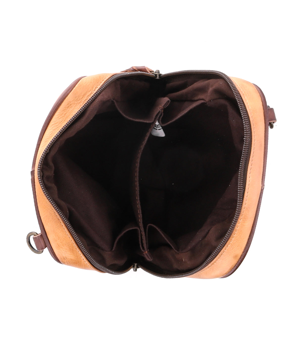 Top view of Bed|Stü's Capture crossbody bag in brown leather, featuring a fabric-lined interior with two main compartments separated by a divider.