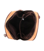 Top view of Bed|Stü's Capture crossbody bag in brown leather, featuring a fabric-lined interior with two main compartments separated by a divider.