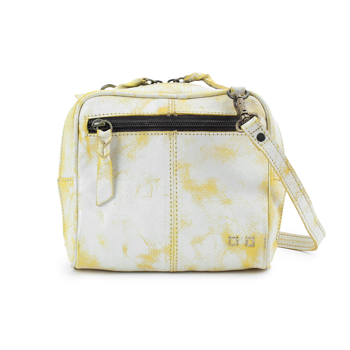 Bed|Stü Capture small rectangular crossbody bag in white and yellow marbled leather, featuring a zippered front pocket, top handle, and detachable shoulder strap, displayed against a white background.