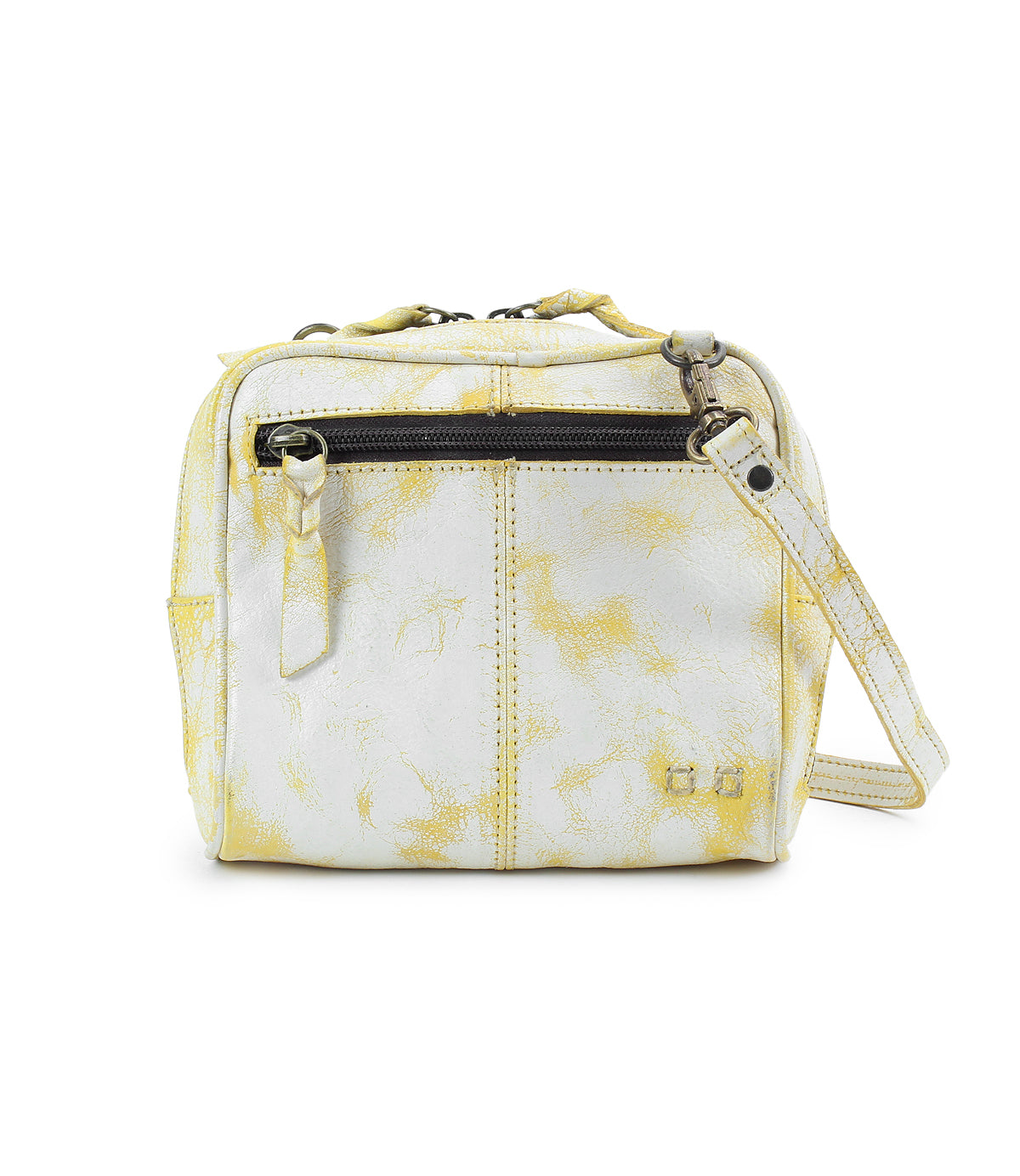 Bed|Stü Capture small rectangular crossbody bag in white and yellow marbled leather, featuring a zippered front pocket, top handle, and detachable shoulder strap, displayed against a white background.