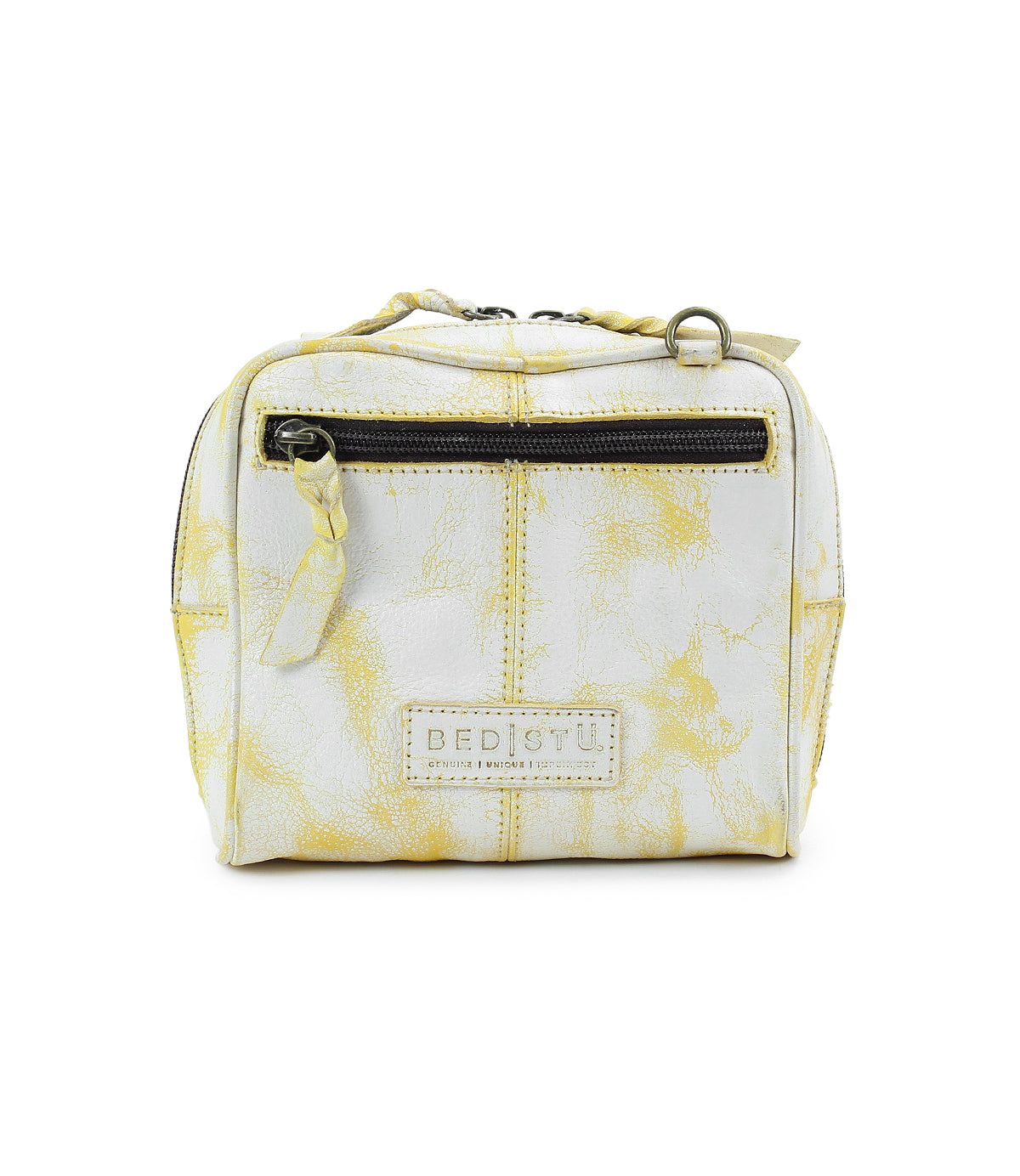 Small, rectangular marbled yellow and white handcrafted leather crossbody bag called "Capture" by Bed|Stü, featuring a front zipper pocket and the Bed|Stü label on the front.