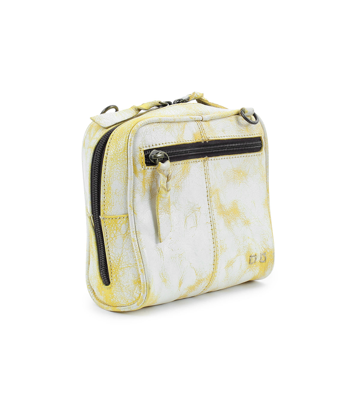 The Capture by Bed|Stü is a small square crossbody bag crafted from white and yellow leather, featuring a front zipper pocket and a subtle pattern. This compact handbag is displayed on a white background.