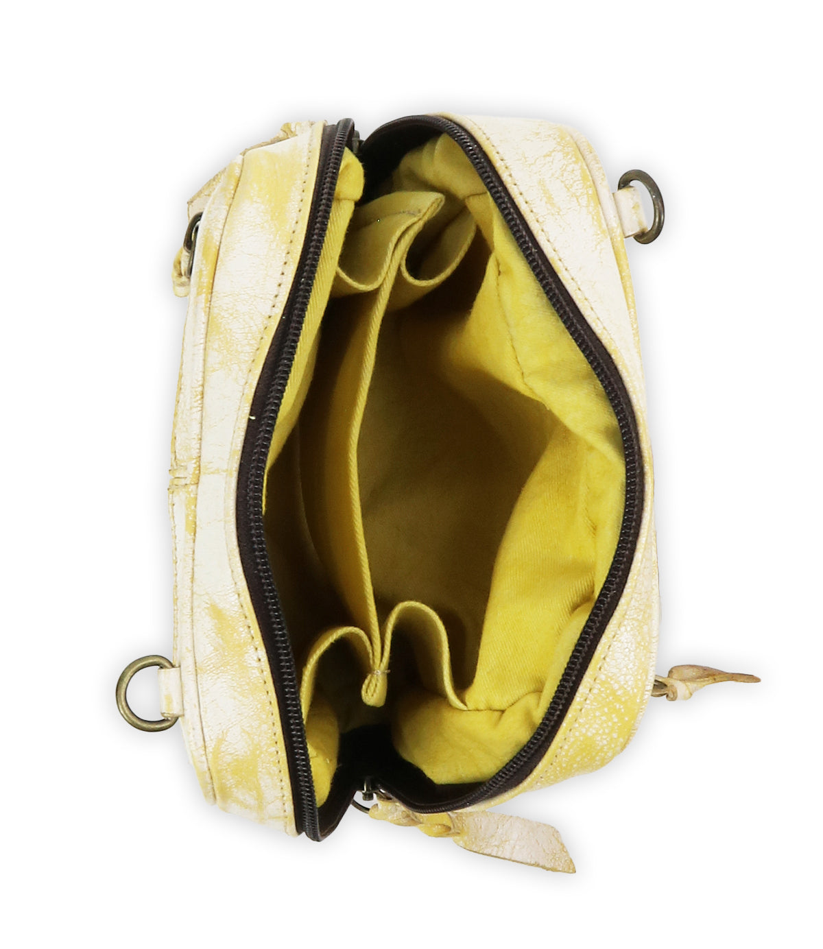 The Bed|Stü Capture purse is a small, handcrafted yellow accessory that is open to reveal its empty interior, featuring two compartments and a yellow fabric lining.