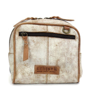Introducing Capture by Bed|Stü—a small beige leather crossbody bag featuring a front zipper pocket, brown accents, and a signature Bed|Stü logo patch on the front. This compact handbag showcases a textured, distressed finish that enhances its artisan appeal.