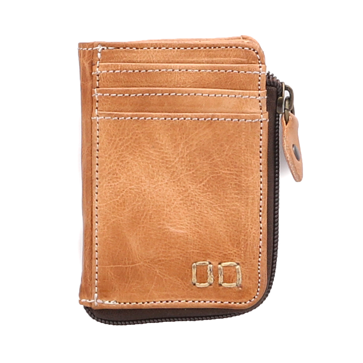 The Bed|Stü Carrie is a light brown compact leather wallet featuring front stitching, multiple card slots, a metal zipper along one edge for a convenient zip compartment, and two small metallic squares in the bottom right corner.