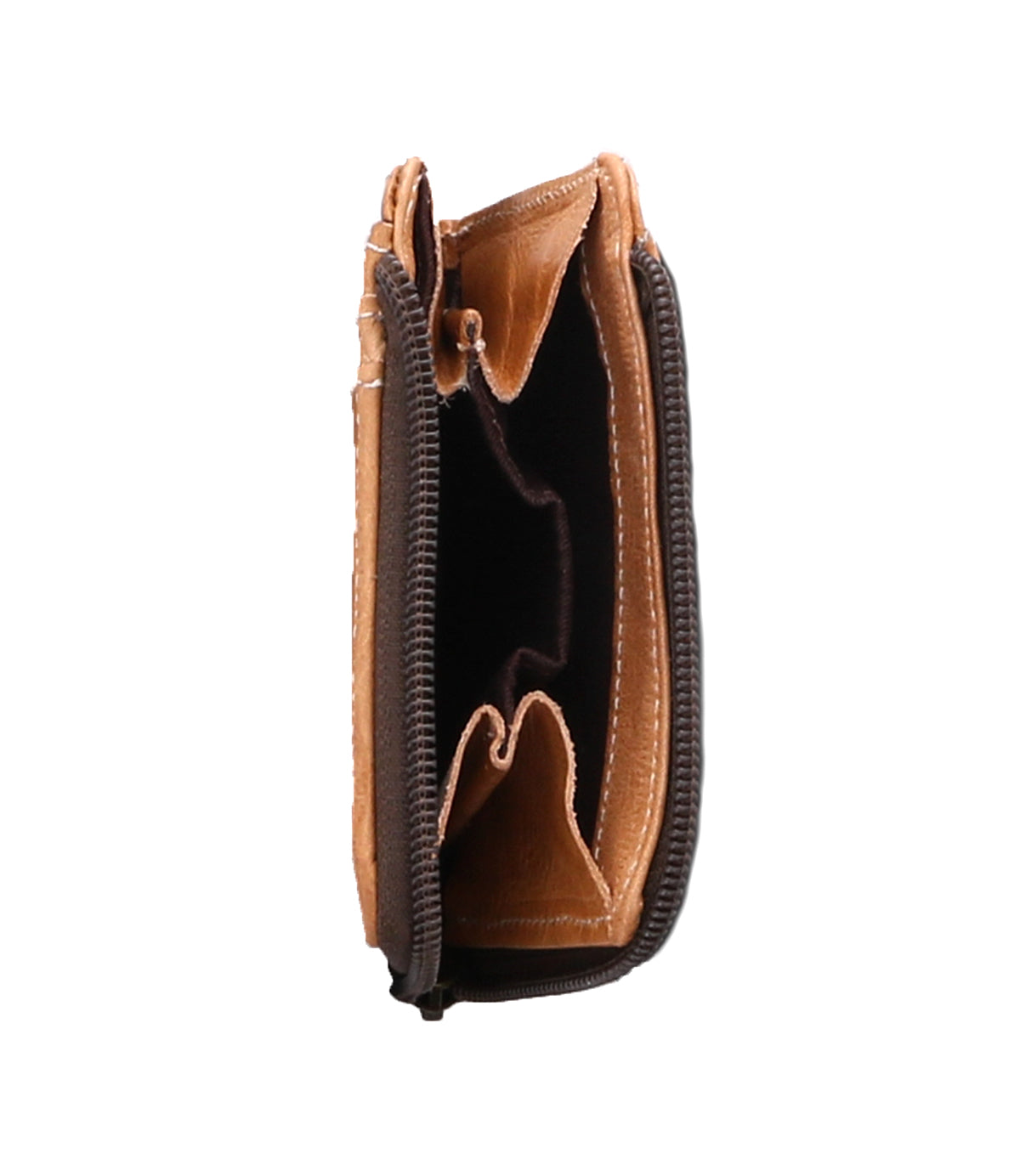 Bed|Stü's Carrie is a compact brown leather wallet featuring a zipper, side view showcasing two open compartments, visible stitching, and multiple card slots.