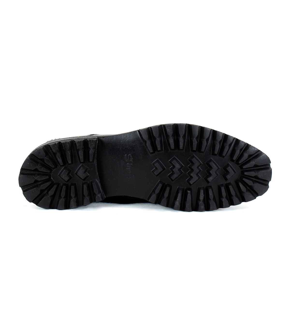 Bottom view of the Carter black oxford dress shoe by Bed|Stü, showcasing a rugged, textured rubber sole with deep treads for traction and Goodyear welt construction for enhanced durability and support.