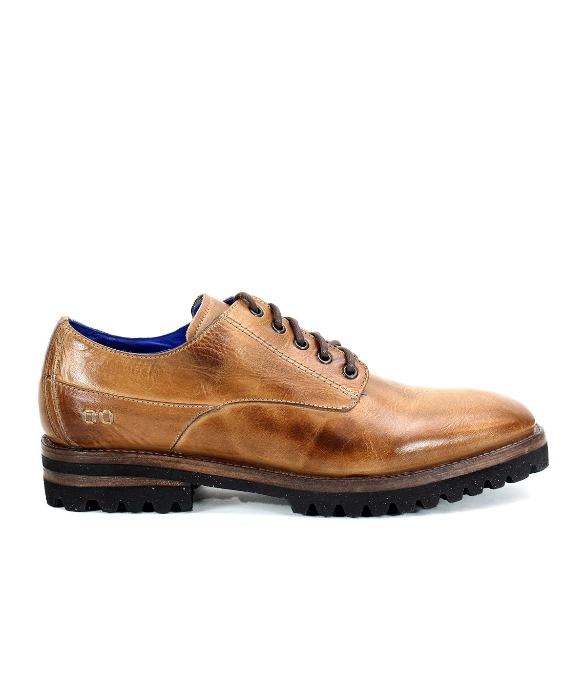 Bed|Stü Carter brown leather lace-up oxford dress shoe, featuring a rugged black rubber outsole and classic Goodyear welt construction, shown from the side against a white background.