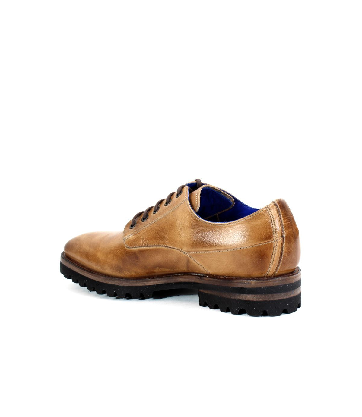 The Carter by Bed|Stü is a brown leather oxford dress shoe featuring black laces, a rugged outsole with Goodyear welt construction, and blue interior lining, shown from a rear side angle against a white background.