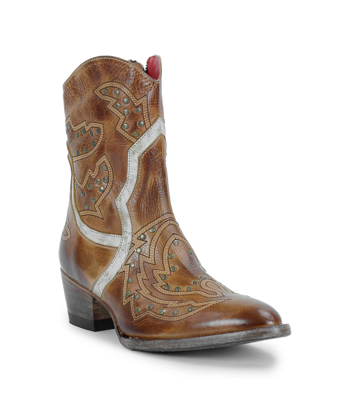 The Chamise by Bed|Stü is a brown leather mid-height western boot featuring decorative stitching, silver accents, and small metal studs on the shaft and vamp, shown on a white background.