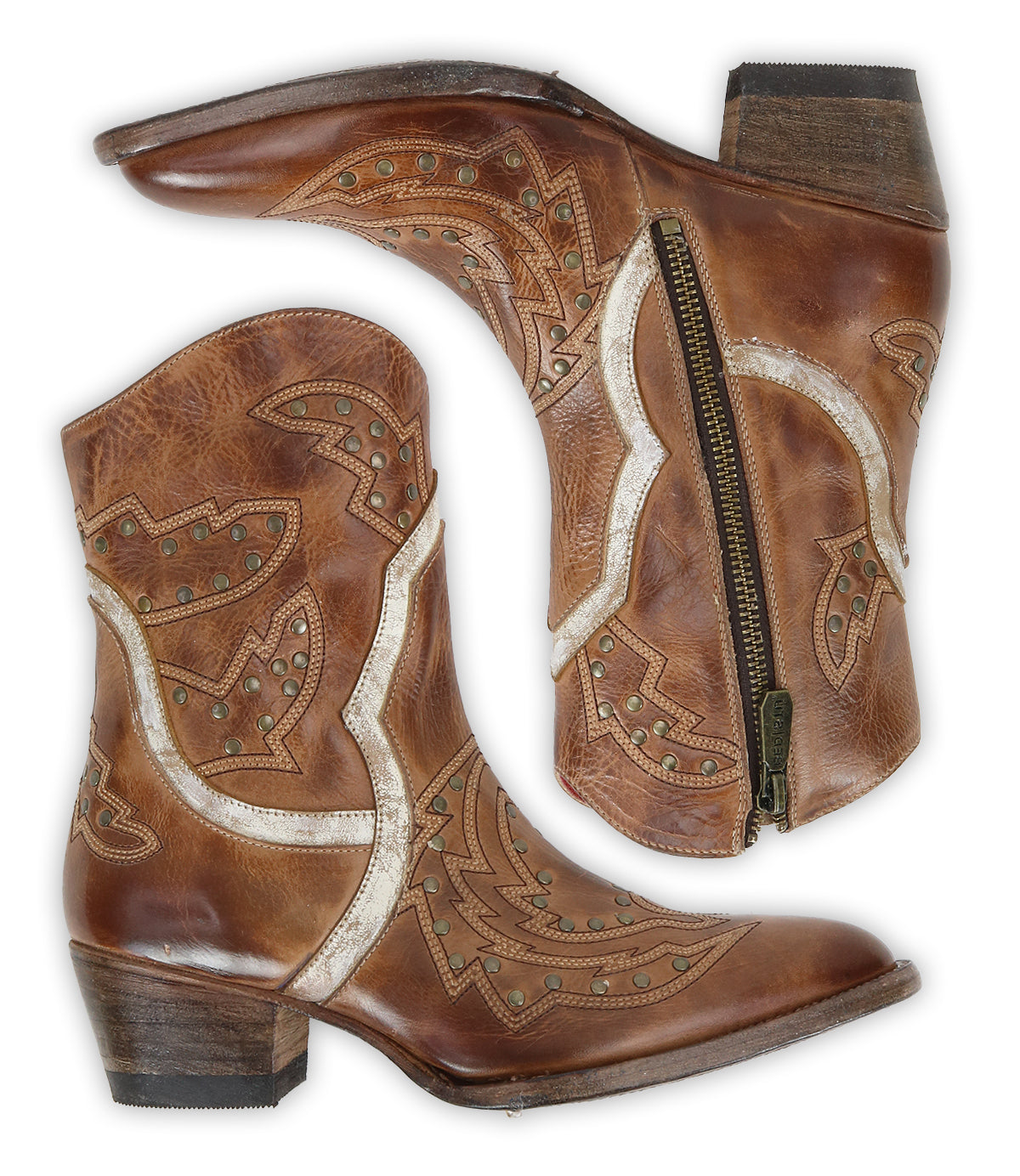 Introducing Chamise by Bed|Stü—a pair of brown leather cowboy boots adorned with decorative stitching and metal studs, featuring a side zipper and stacked heel. These stylish western boots perfectly blend classic charm with everyday practicality.