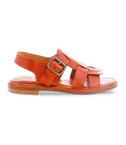 The Charka sandal by Bed|Stü is crafted from vegetable vacchetta brown leather, featuring an open toe, buckle strap, and flat sole, displayed in a side view on a white background.