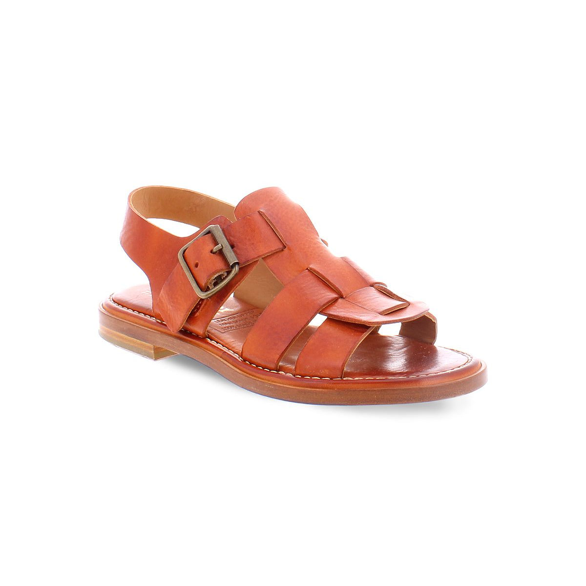 Bed|Stü Charka sandal in brown vegetable vacchetta leather features an open toe, multiple straps, and a side buckle, shown against a white background.