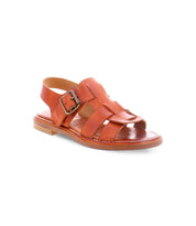 Bed|Stü Charka sandal in brown vegetable vacchetta leather features an open toe, multiple straps, and a side buckle, shown against a white background.