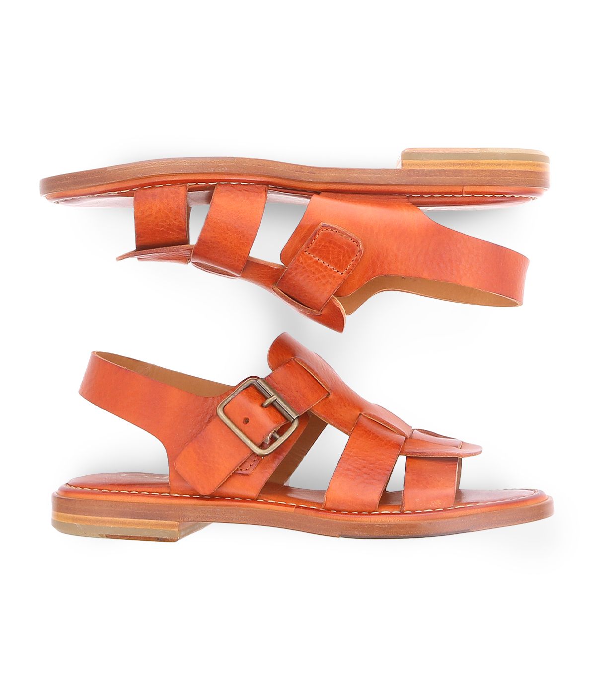 Two Charka sandals by Bed|Stü are shown side by side on a white background. These orange woven leather sandals feature buckle closures and flat soles.