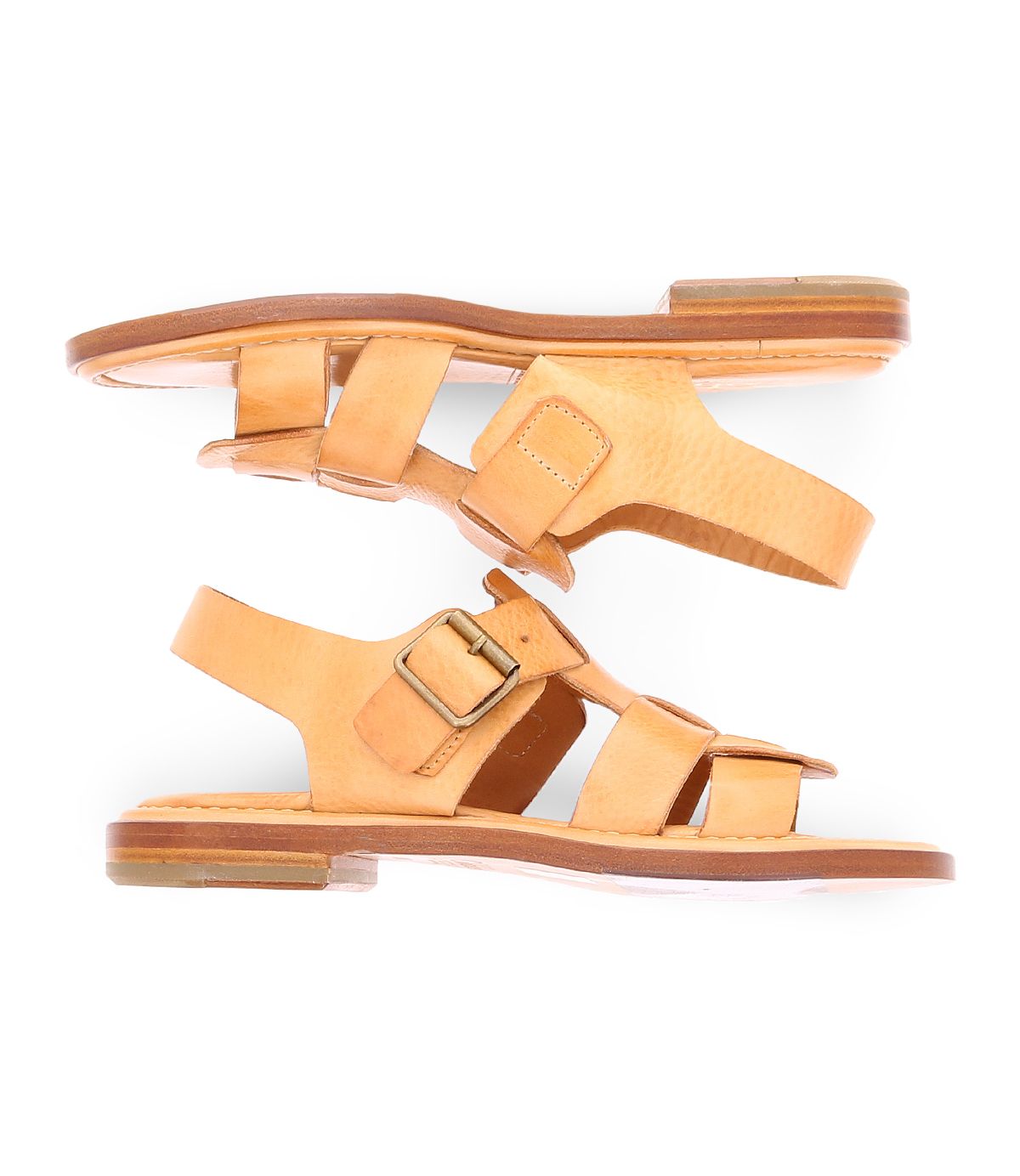 A pair of Charka sandals by Bed|Stü, crafted from tan vegetable vacchetta leather with buckled straps, displayed side by side on a white background.