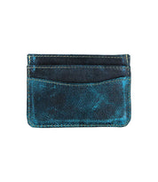 The Chuck by Bed Stu, a weathered blue leather card wallet featuring multiple slots for cards, is displayed against a white background. Compact and convenient, it's designed to keep your essentials organized effortlessly.