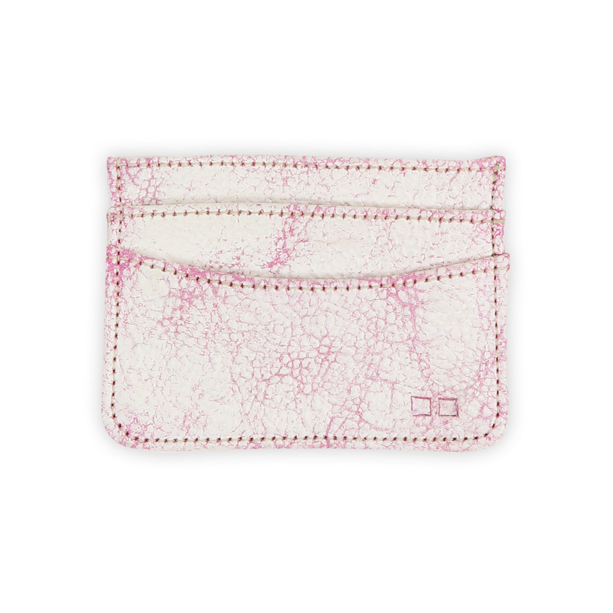 Introducing Chuck by Bed|Stü: a textured white compact card wallet with pink marbled cracks and stitching, featuring two card slots and an embossed Bed|Stü logo in the lower right corner—perfect for your everyday carry.