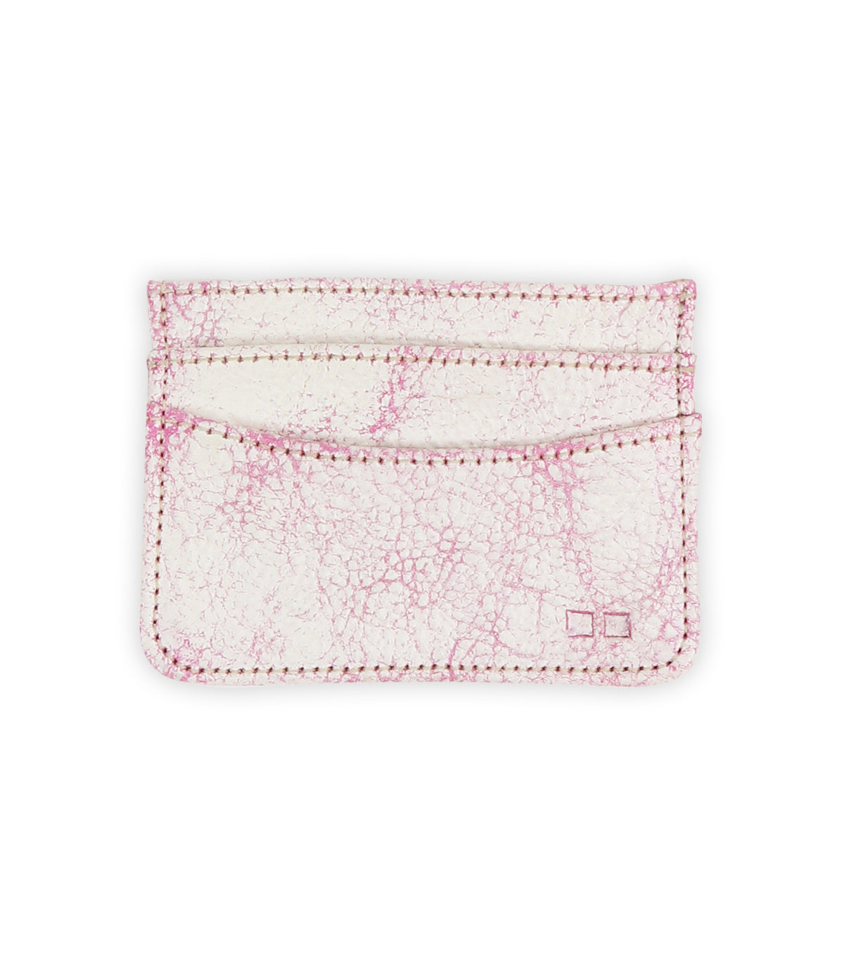 Introducing Chuck by Bed|Stü: a textured white compact card wallet with pink marbled cracks and stitching, featuring two card slots and an embossed Bed|Stü logo in the lower right corner—perfect for your everyday carry.