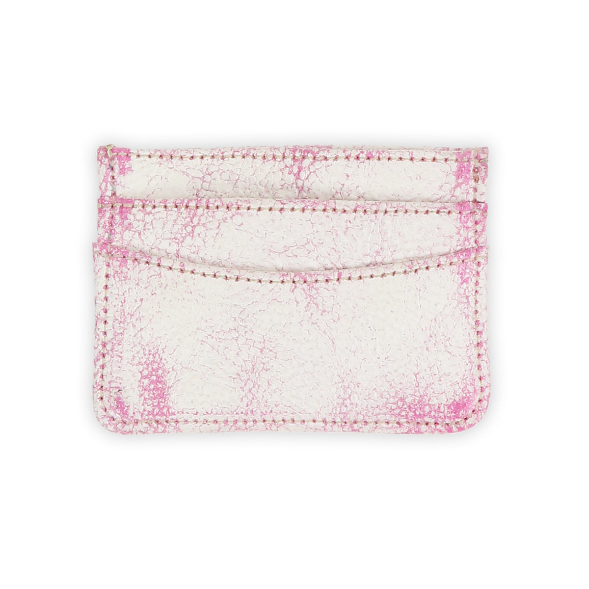 Introducing the Chuck card wallet by Bed|Stü—a white, compact accessory with a textured, cracked finish and eye-catching pink stitching. Thoughtfully designed with two card slots and a central pocket, it's perfect for everyday carry. Shown here on a clean white background.