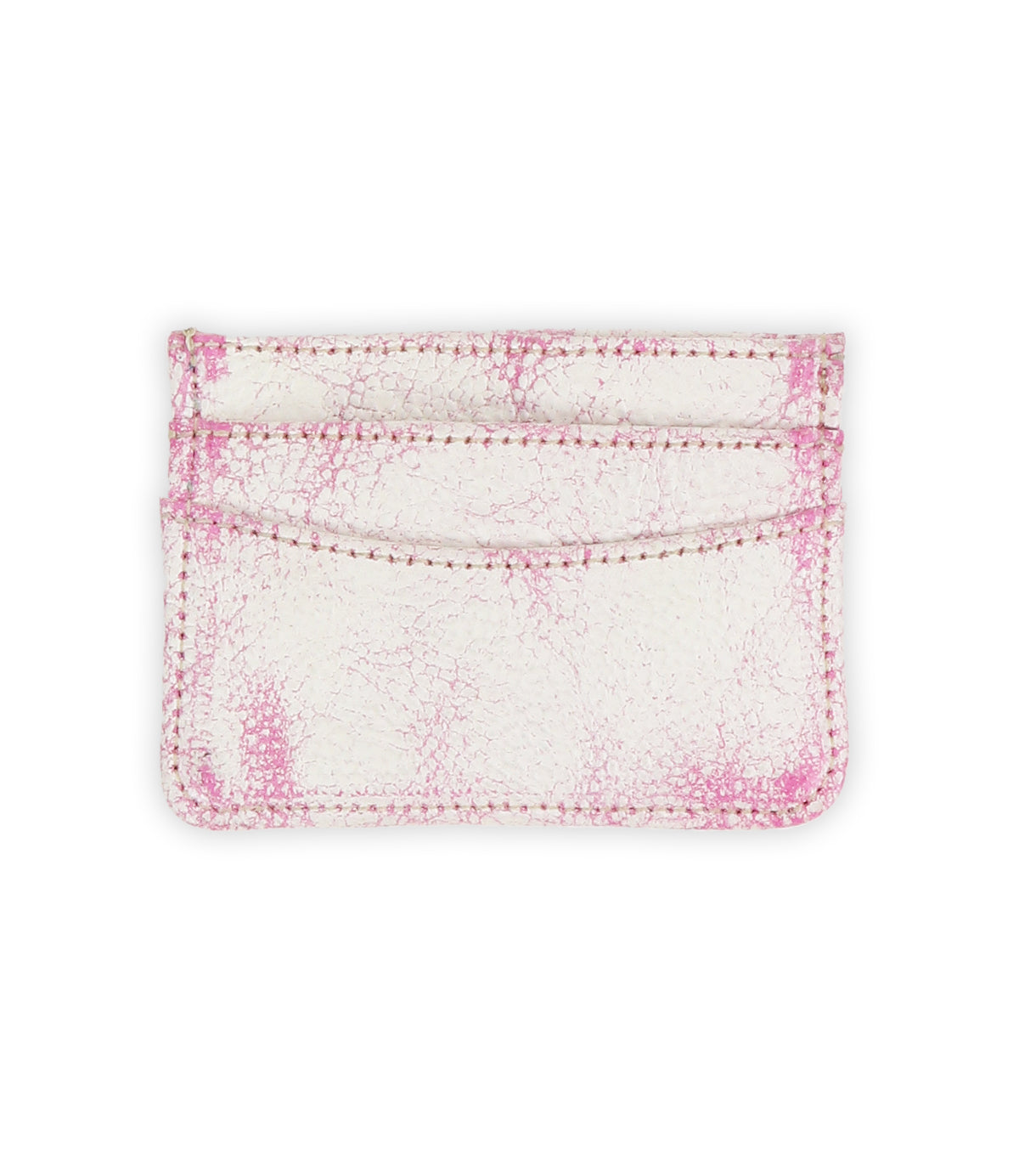 Introducing the Chuck card wallet by Bed|Stü—a white, compact accessory with a textured, cracked finish and eye-catching pink stitching. Thoughtfully designed with two card slots and a central pocket, it's perfect for everyday carry. Shown here on a clean white background.