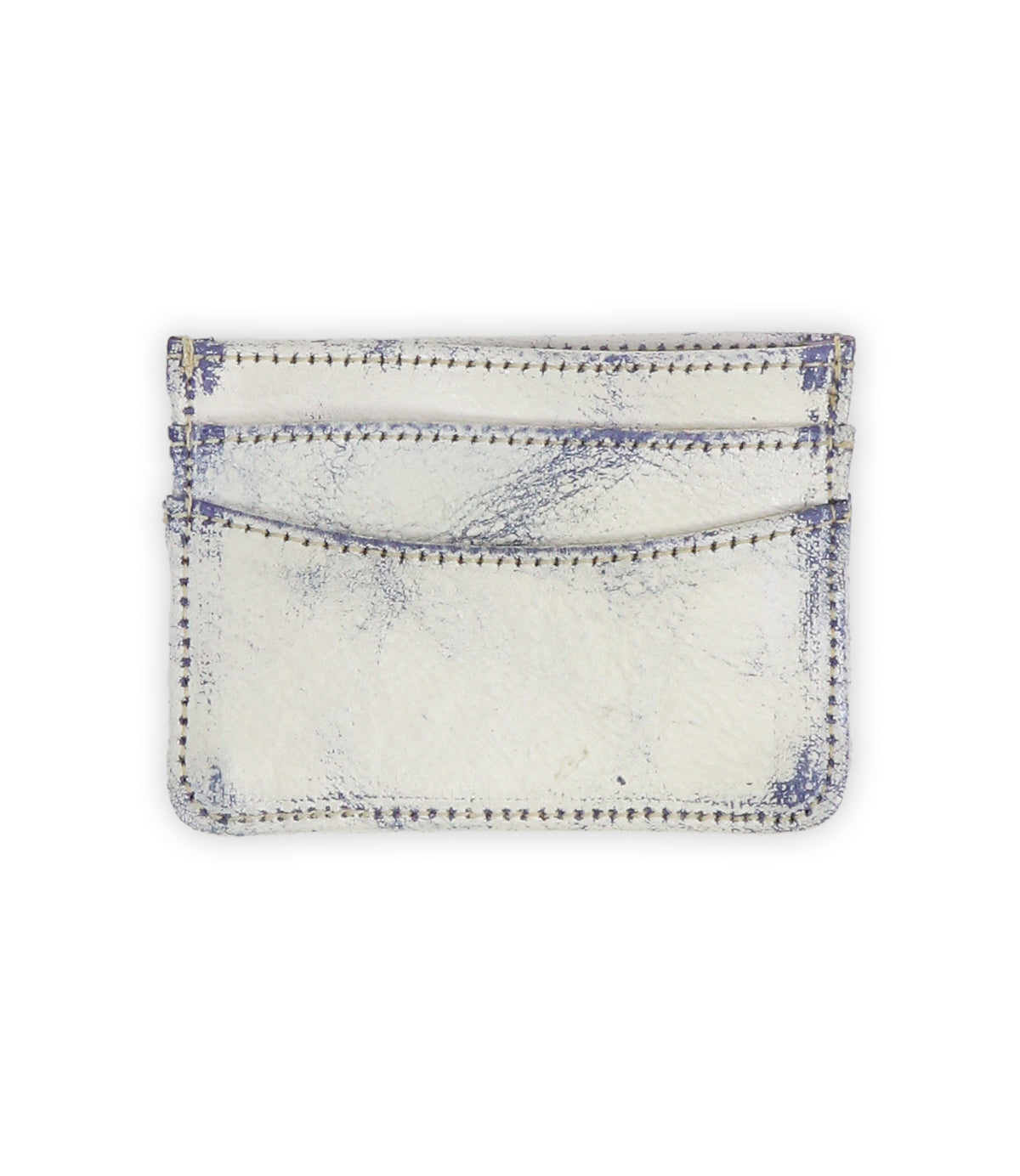 The Chuck by Bed|Stü is a white slim wallet with two slots and visible stitching along the edges. This compact card wallet showcases some worn and distressed areas, making it a practical choice for everyday carry.